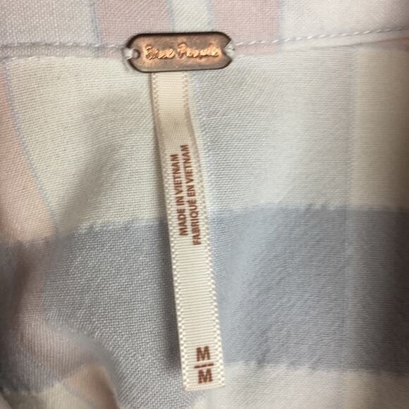 Free People Blue & Pink Plaid Button Down Medium - Picture 8 of 9